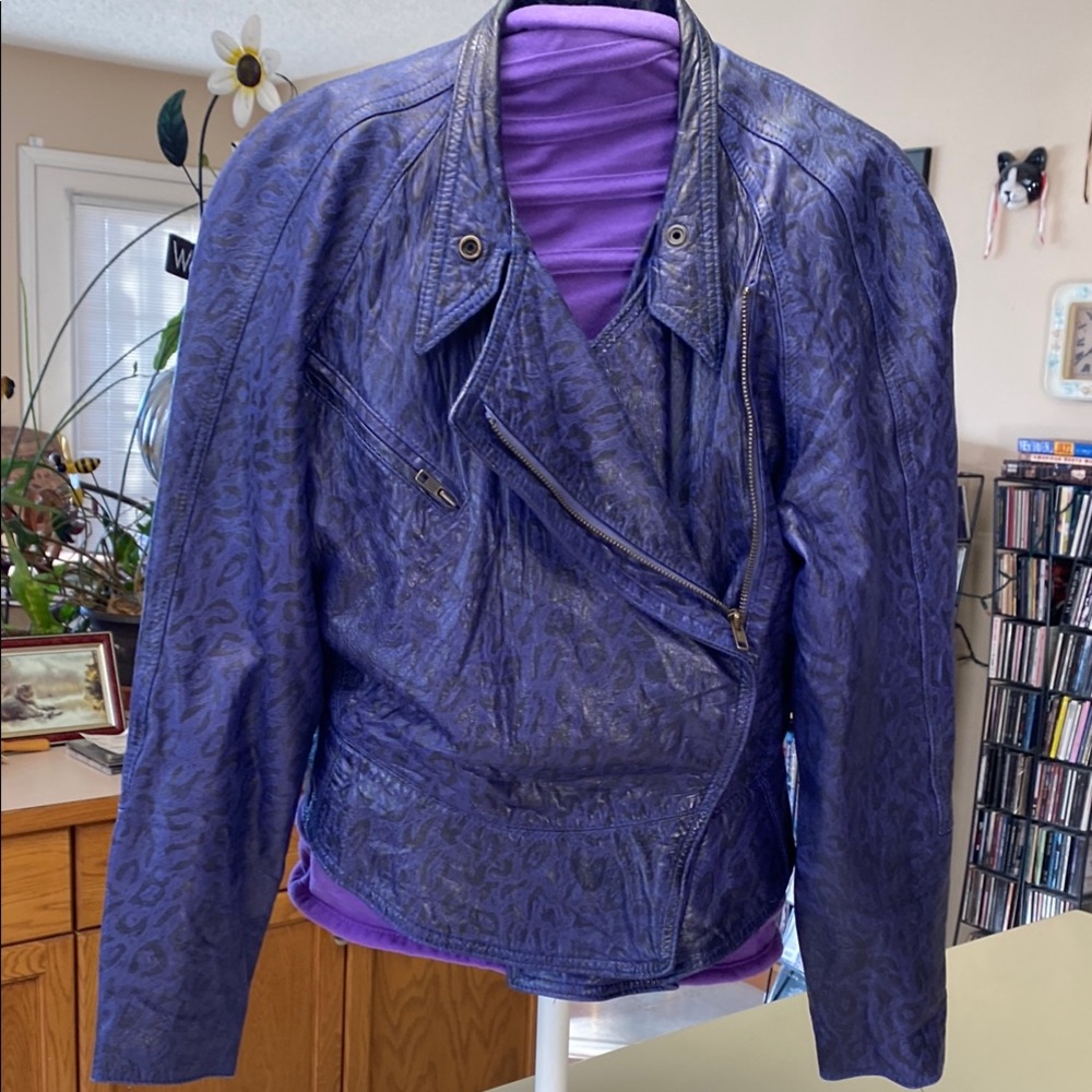 Purple Leather Moto Jacket with Asymmetrical Closure and Cropped Design